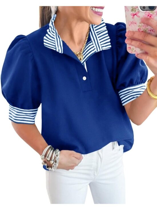 Tops - Women's Summer Puff Sleeve Blouse Royal Blue Ruffle V Neck Tops Block Striped